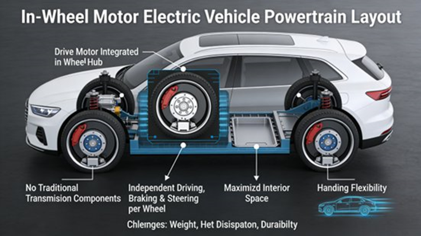 Hub motor layout —— The motor is directly integrated into the wheel hub, eliminating the transmission components and achieving the ultimate space utilization.