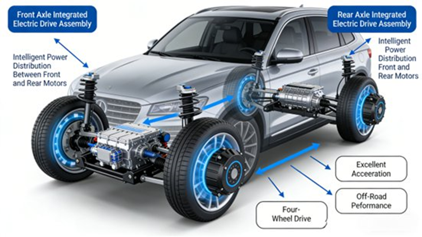 Front and rear dual motor layout (AWD) —— Two independent electric drive assemblies are arranged on the front and rear axles respectively, realizing intelligent power distribution and excellent passing performance.