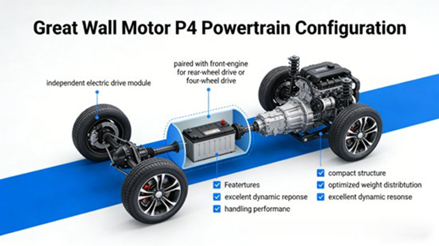 Hybrid electric power system layout —— The diagram shows the P2, P3 and P4 configurations, realizing the coordinated work of the engine and the motor to optimize fuel economy and power performance.
