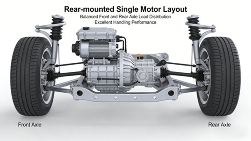 Rear-mounted single motor layout (RWD) —— The electric drive assembly is arranged on the rear axle, realizing balanced front and rear axle load distribution and excellent handling performance.