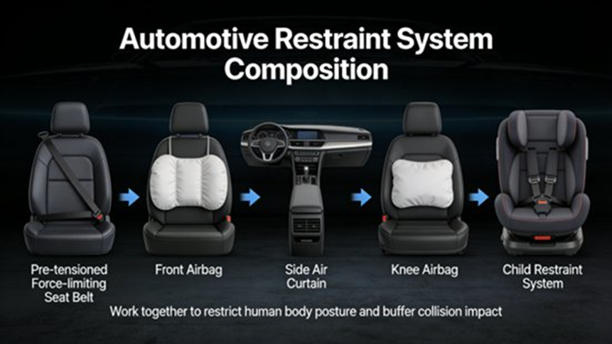 Composition of automotive restraint system. It includes pre-tensioned force-limiting seat belt, front airbag, side air curtain, knee airbag and child restraint system, which work together to restrict the human body posture and buffer the collision impact.