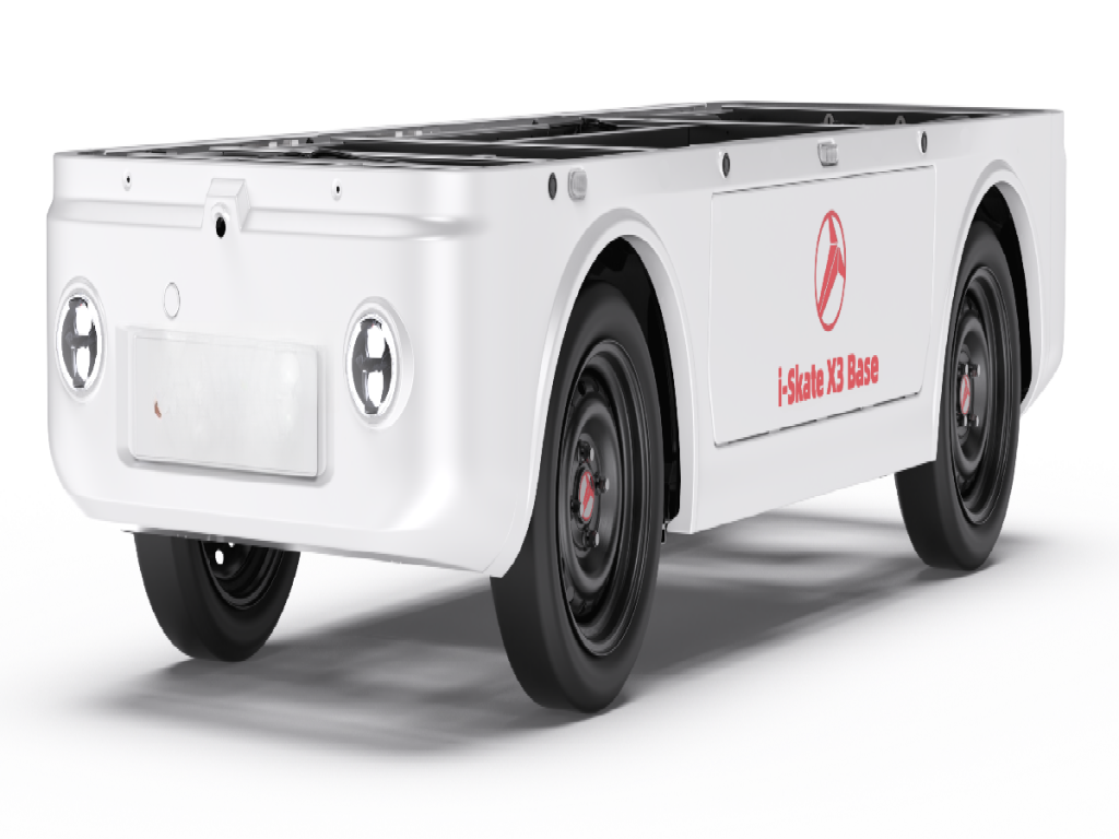 i-Skate-X3 Base Standard Edition — a compact front-steering, rear-wheel-drive electric chassis platform White painted steel frame with flat aluminum top deck, dual circular headlights, black wheels, and visible mounting interfaces; front badge displays “dowway” logo, side panel reads “i-Skate X3 Base”. Studio render on white background, no body installed.
