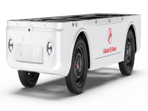 i-Skate-X3 Base Standard Edition — a compact front-steering, rear-wheel-drive electric chassis platform White painted steel frame with flat aluminum top deck, dual circular headlights, black wheels, and visible mounting interfaces; front badge displays “dowway” logo, side panel reads “i-Skate X3 Base”. Studio render on white background, no body installed.