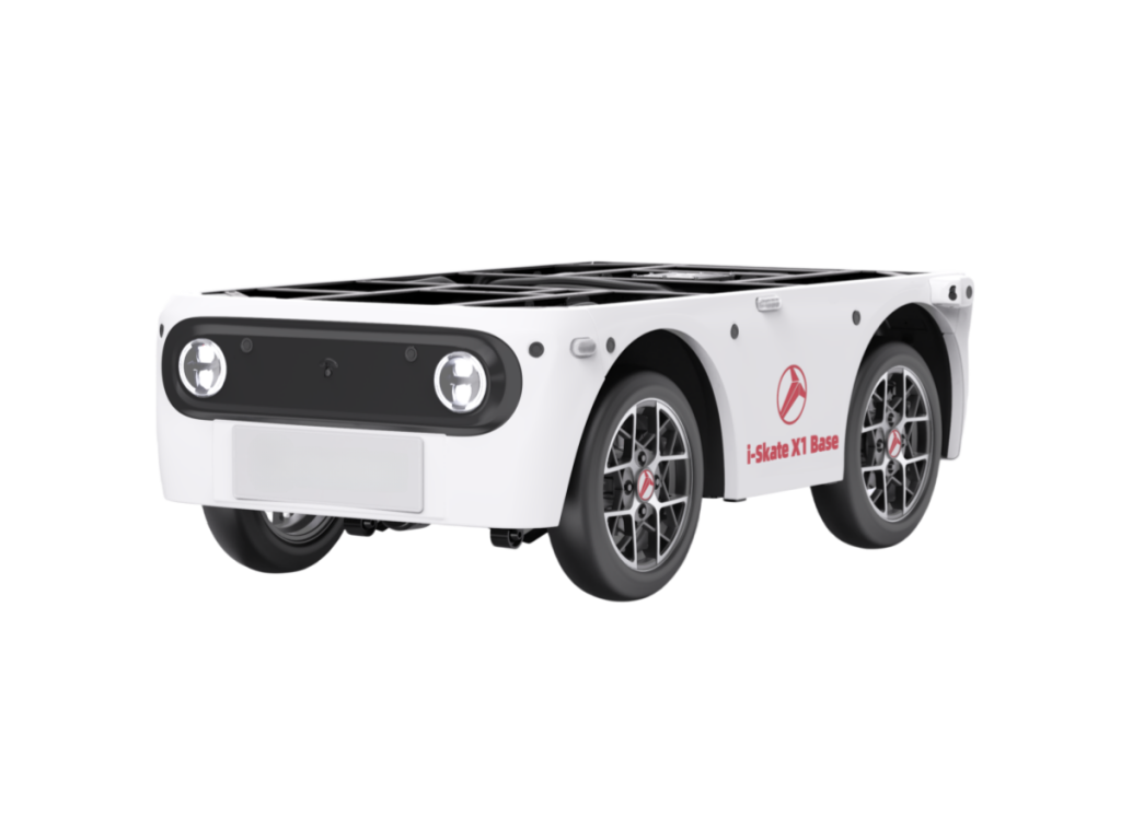 DOWWAY i-Skate-X1 Base Light-Duty Edition — compact front-steering rear-drive electric chassis (1744 × 1092 × 580 mm). White open-top platform with black front panel, dual round headlights, alloy wheels, and visible mounting interfaces; front badge shows “TEEMO”, side decal reads “i-Skate X1 Base”. Studio render on white background.