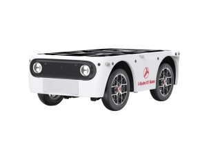 DOWWAY i-Skate-X1 Base Light-Duty Edition — compact front-steering rear-drive electric chassis (1744 × 1092 × 580 mm). White open-top platform with black front panel, dual round headlights, alloy wheels, and visible mounting interfaces; front badge shows “TEEMO”, side decal reads “i-Skate X1 Base”. Studio render on white background.