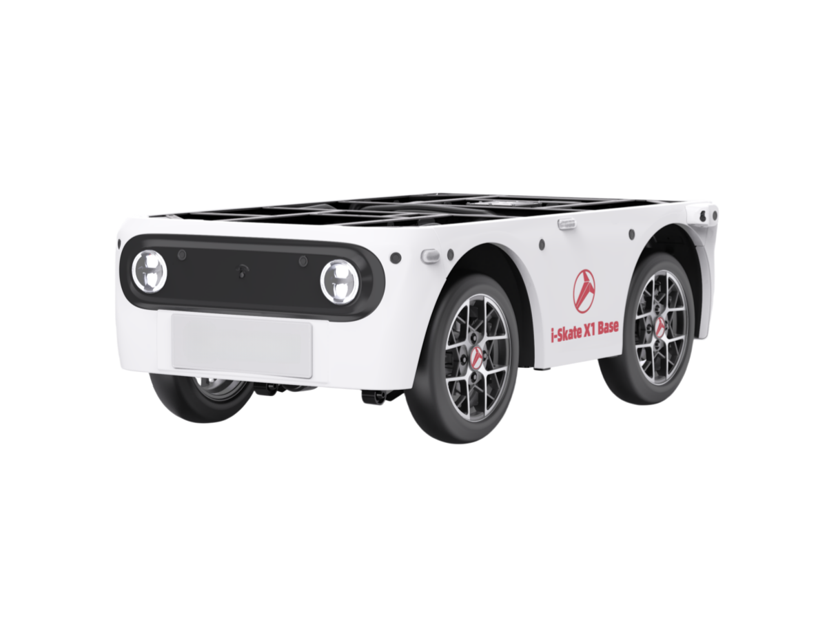 DOWWAY i-Skate-X1 Base Light-Duty Edition — compact front-steering rear-drive electric chassis (1744 × 1092 × 580 mm). White open-top platform with black front panel, dual round headlights, alloy wheels, and visible mounting interfaces; front badge shows “TEEMO”, side decal reads “i-Skate X1 Base”. Studio render on white background.