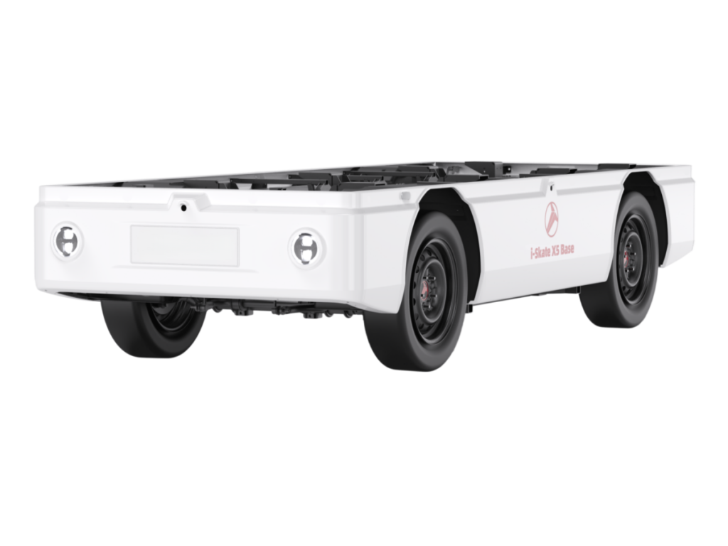 DOWWAY i-Skate-X5 Base Heavy-Duty Edition — medium-duty front-steering rear-drive electric chassis platform (3550 × 1340 × 690 mm). White reinforced steel frame with flat top deck, dual round headlights, wide black wheels, and visible standardized mounting interfaces; front badge displays “TEEMO”, side panel reads “i-Skate X5 Base”. Studio render on white background, no body installed.
