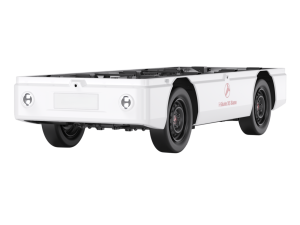 DOWWAY i-Skate-X5 Base Heavy-Duty Edition — medium-duty front-steering rear-drive electric chassis platform (3550 × 1340 × 690 mm). White reinforced steel frame with flat top deck, dual round headlights, wide black wheels, and visible standardized mounting interfaces; front badge displays “TEEMO”, side panel reads “i-Skate X5 Base”. Studio render on white background, no body installed.