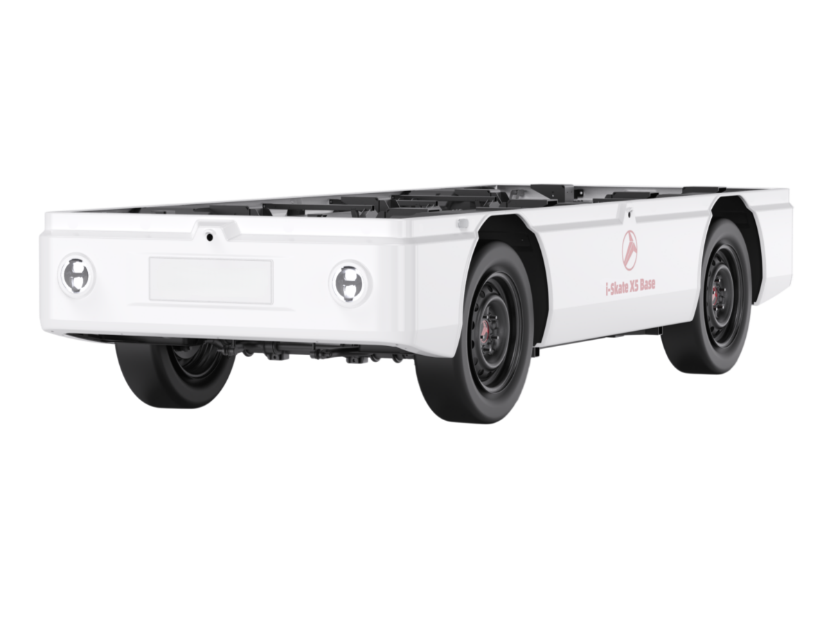 DOWWAY i-Skate-X5 Base Heavy-Duty Edition — medium-duty front-steering rear-drive electric chassis platform (3550 × 1340 × 690 mm). White reinforced steel frame with flat top deck, dual round headlights, wide black wheels, and visible standardized mounting interfaces; front badge displays “TEEMO”, side panel reads “i-Skate X5 Base”. Studio render on white background, no body installed.