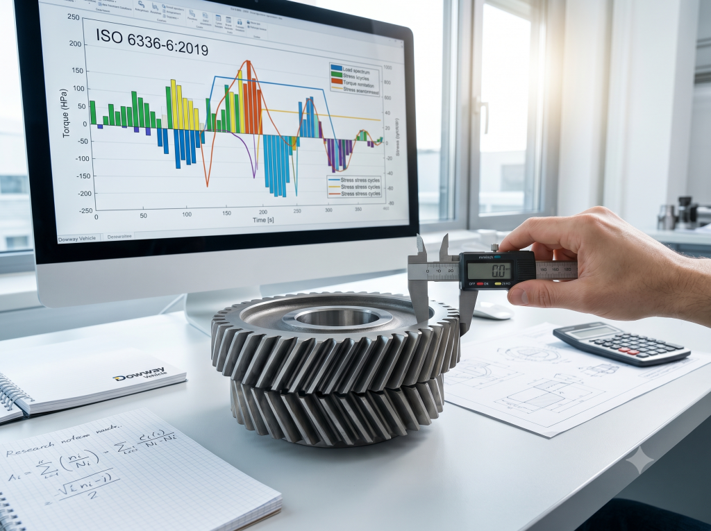 A hand uses a digital vernier caliper to precisely measure the thickness of a steel helical gear placed on a workshop desk, with engineering blueprints, a calculator, a notebook of formulas, and a computer screen displaying an ISO 6336-6:2019 load spectrum and stress charts in the background.