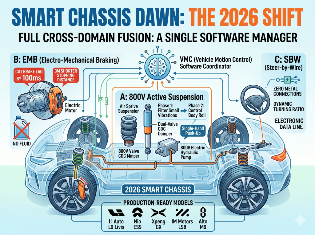 A clear and bright perspective view of a 2026 smart chassis, demonstrating the cross-domain fusion architecture of an 800V active suspension, EMB (Electro-Mechanical Braking), SBW (Steer-by-Wire), and VMC (Vehicle Motion Control) system.
