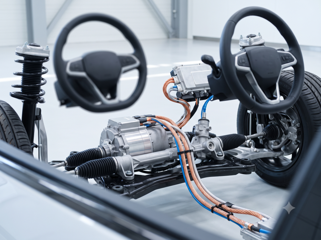 A cutaway view of a vehicle front chassis assembly showing a dual-redundant steer-by-wire system. The image highlights two separate electric steering motors and redundant electronic control units (ECUs) on the steering rack, with independent wiring harnesses (orange/blue cables) for fault tolerance. There are two steering wheels shown in the scene (one active, one illustrative of redundant control, though likely a composition artifact of the specific source image). This layout demonstrates the lack of a traditional physical steering column.