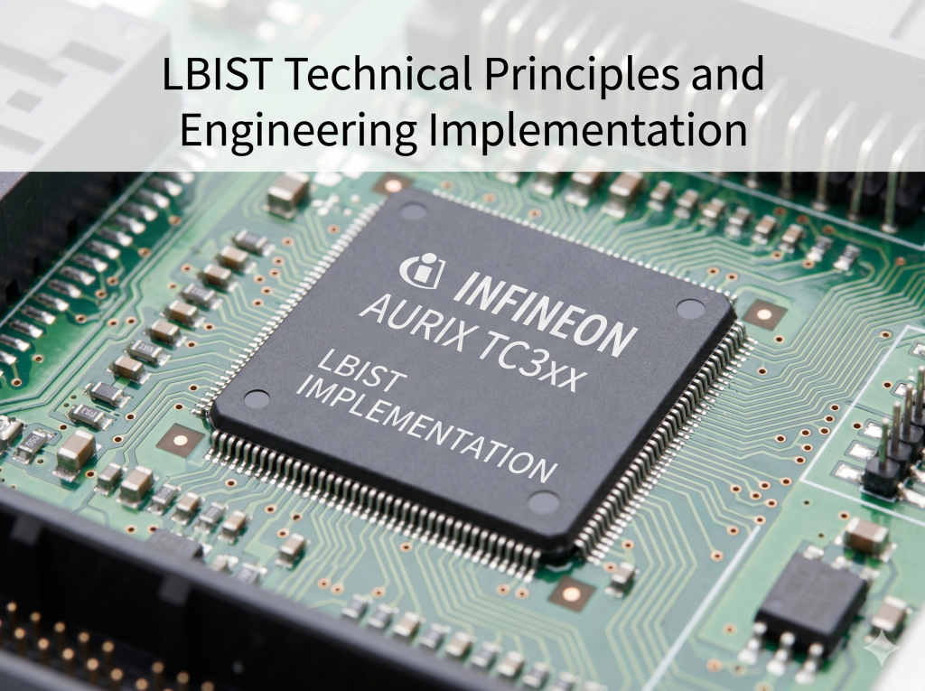 Close-up photograph of an Infineon AURIX TC3xx microcontroller chip mounted on an automotive PCB.
