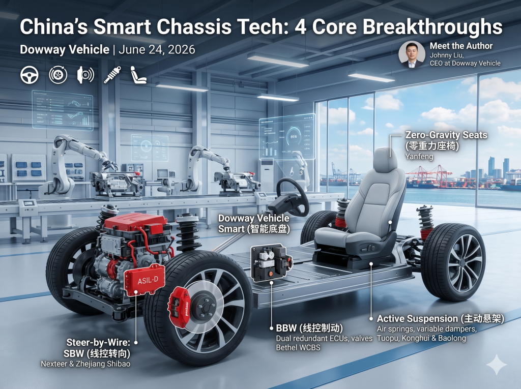 A realistic, brightly lit overview of an electric vehicle smart chassis platform inside a modern automotive R&D facility, illustrating the 4 core breakthroughs: Steer-by-Wire (SBW), Brake-by-Wire (BBW), Active Suspension, and a Zero-Gravity Seat.