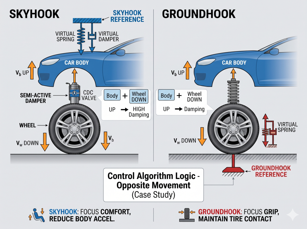 A technical diagram comparing Skyhook and Groundhook suspension control logics for a vehicle during opposite movement. The Skyhook model shows the car body attached to an imaginary fixed ceiling via a virtual spring and damper to maximize passenger comfort. The Groundhook model shows the wheel attached to an imaginary fixed ground reference via a virtual spring and damper to optimize tire grip and road contact.