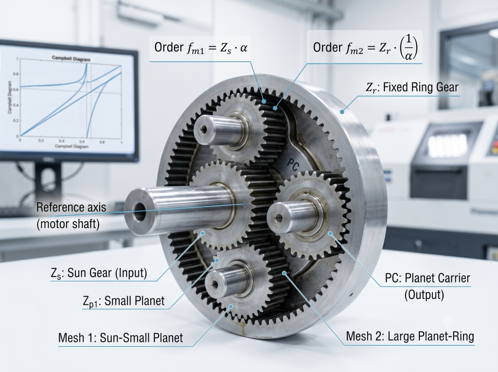 A realistic cross-section of an NW coaxial planetary gear reducer on a bench, featuring labeled components like Sun Gear (Z_s), Fixed Ring Gear (Z_r), and equations for mesh order calculations f_m1 and f_m2.