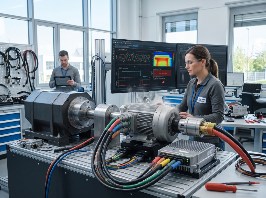 An EV powertrain engineer at Dowway Vehicle is conducting high-voltage motor control testing using an advanced PMSM stall control dyno rig.