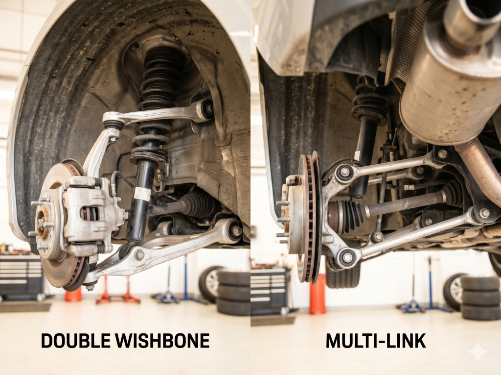 A side-by-side comparison of a double wishbone suspension on a car and a multi-link suspension