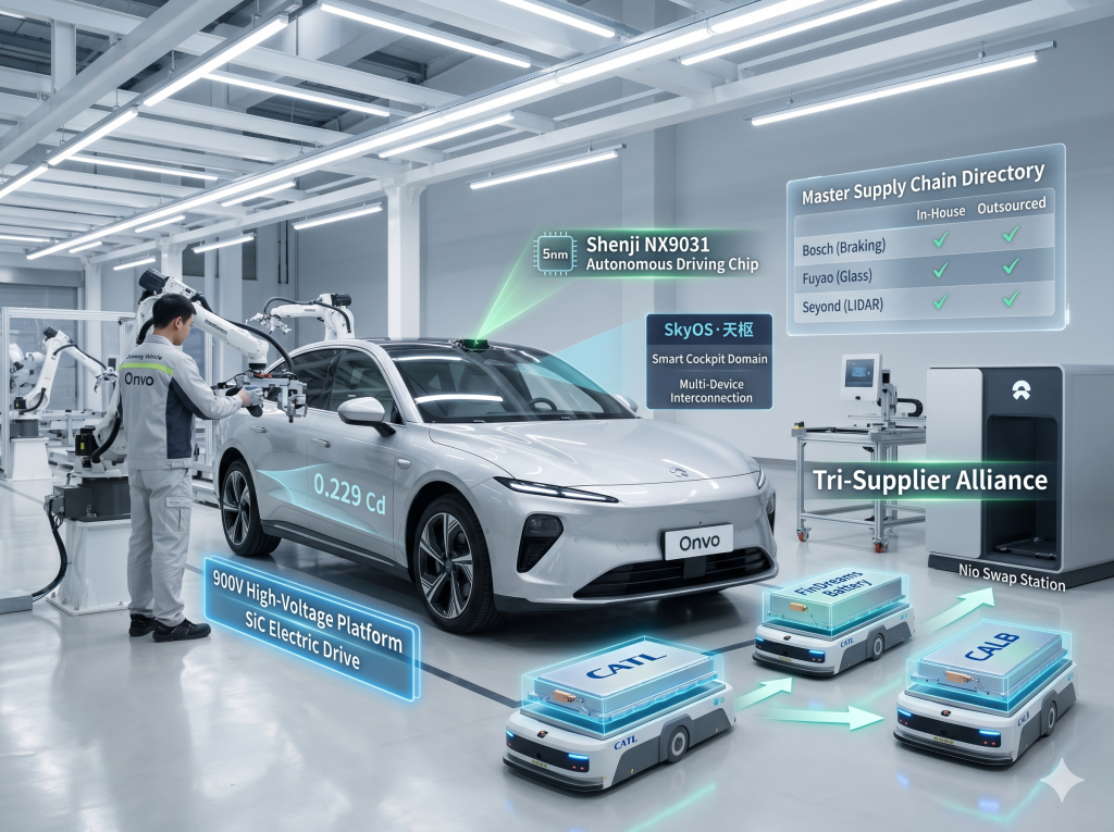 A detailed technical infographic showcasing the 2026 Onvo L60 EV on a modern, high-tech factory assembly line, overlayed with key supply chain data, component specifications, and partner directories.