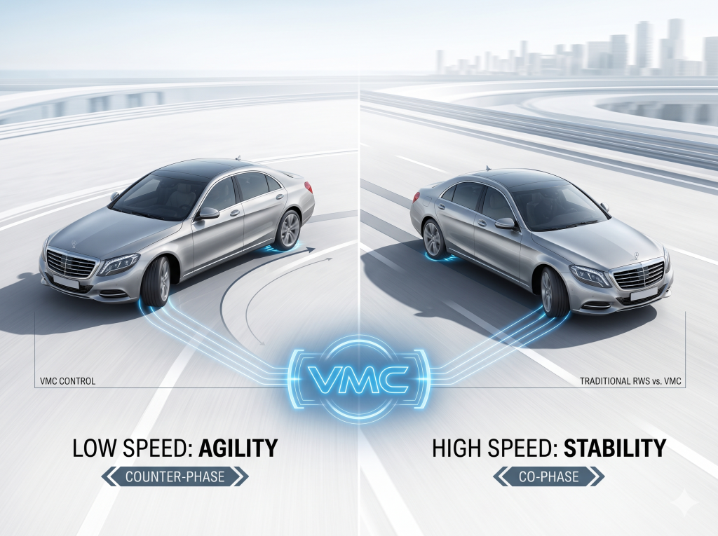 A split-screen diagram comparing VMC Control vehicle dynamics. Left side: low-speed agility showing counter-phase rear wheel steering. Right side: high-speed stability showing co-phase rear wheel steering. Both sides feature a silver luxury sedan with glowing blue lines connecting the wheels to a central 'VMC' logo.