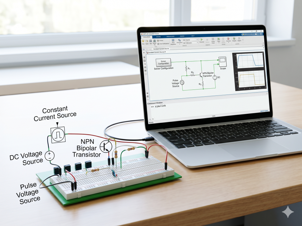 A bright, realistic engineering workspace featuring a modern laptop connected via cable to a physical breadboard circuit on a wooden desk. The laptop screen displays a MATLAB Simulink interface with an electrical schematic containing a Solver Configuration block, an NPN Bipolar Transistor, and a Scope showing waveform simulation results. Graphic labels indicate the key components of the constant current source circuit on both the screen and the breadboard.