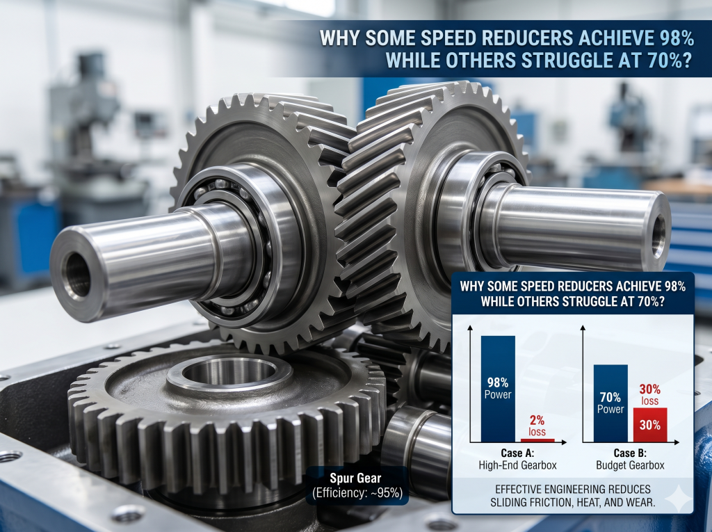 Internal gearbox shot: Meshed helical gears on a shaft with bearings, alongside an infographic comparing a 98% efficient 'Case A' and a 70% 'Case B' budget gearbox.