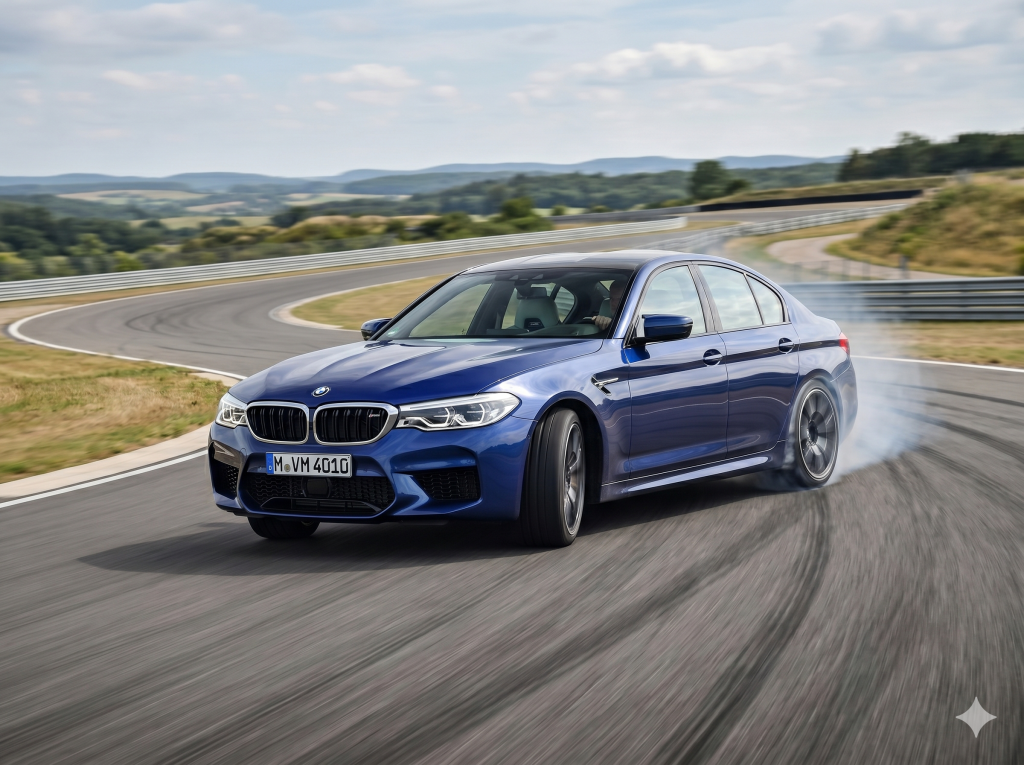 High-speed vehicle dynamics demonstration of a blue performance sedan cornering on a racetrack, illustrating lateral tire force and slip angle control.