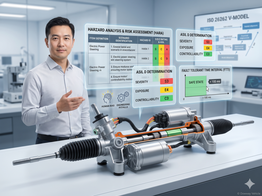 alt="Functional safety engineers in a brightly lit lab reviewing an ISO 26262 HARA worksheet for an Electric Power Steering (EPS) system on a digital interactive table"