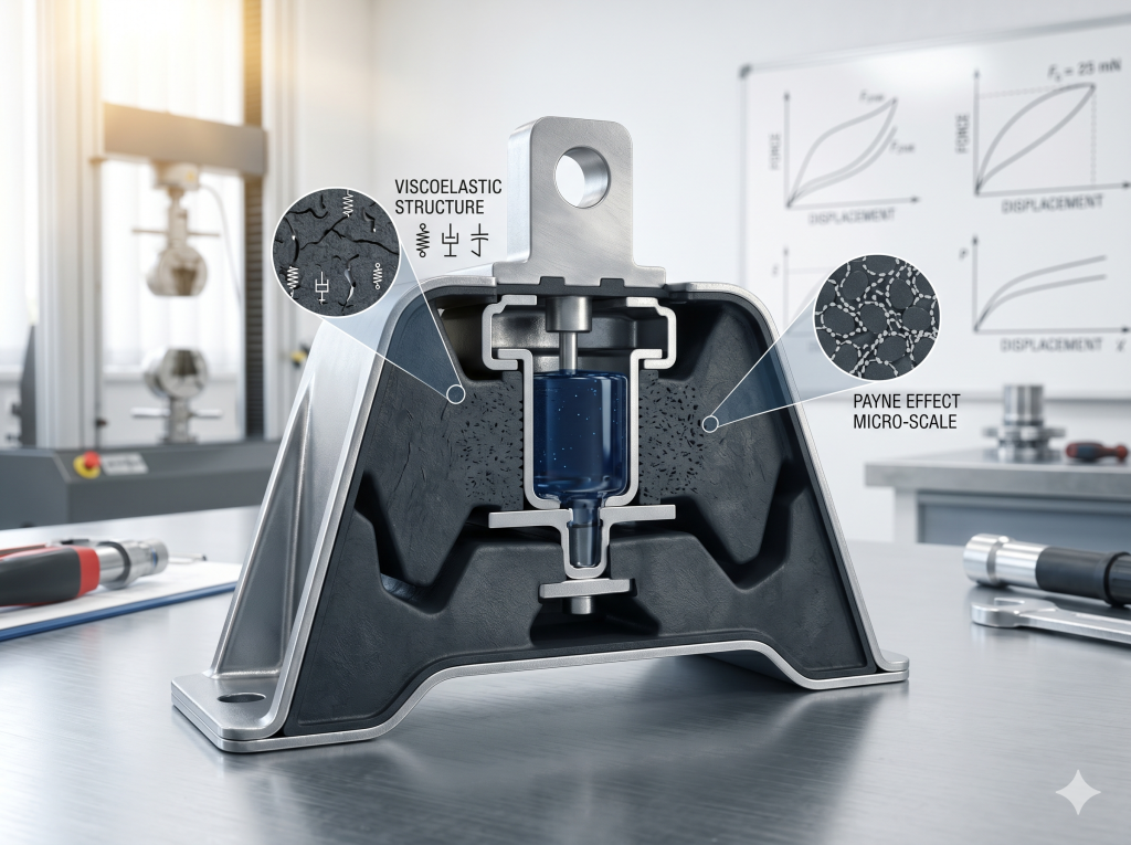 A realistic cross-section view of an automotive suspension rubber mount on a lab desk, highlighting its complex internal viscoelastic structure and micro-scale filler network for NVH engineering analysis.
