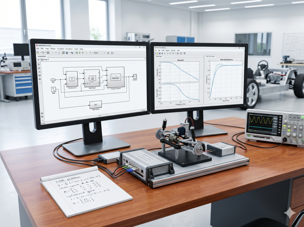 Dual-monitor engineering workspace displaying Simulink control block diagrams and Bode plots next to an active suspension hardware testbench setup for LQR design