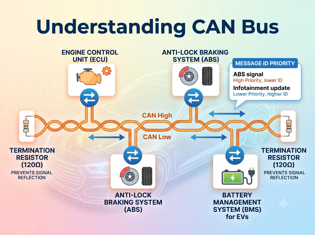 A bright, realistic infographic detailing how a CAN Bus network functions inside a vehicle, showing twisted pair wires (CAN High and CAN Low) connecting an ECU, ABS, and BMS, with 120-ohm termination resistors at both ends.