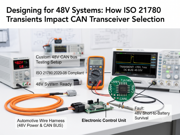 A brightly lit laboratory testing bench for 48V automotive CAN transceivers. The setup includes a DC power supply set to 48V, an oscilloscope displaying a +70V, 1ms transient pulse, a digital multimeter, and an Electronic Control Unit connected to an orange automotive wire harness. A circular inset shows a close-up of the NXP TJA1462 transceiver chip on a green PCB with CANH and CANL labels.