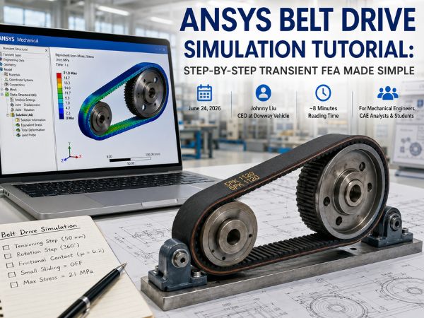 ANSYS belt drive transient structural simulation displayed on a laptop beside a physical belt-and-pulley test assembly in a bright engineering workshop.