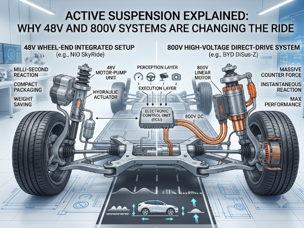 A detailed infographic comparing 48V and 800V active suspension systems for electric vehicles. The left side shows a NIO SkyRide wheel-end unit with an integrated 48V motor and gear pump. The right side shows an EV chassis diagram illustrating an 800V direct drive linear motor/pump system. Both sides include detailed diagrams of the internal mechanisms, ECU connections, and use cases: comfort-focused filtering for 48V and performance-focused anti-roll for 800V.