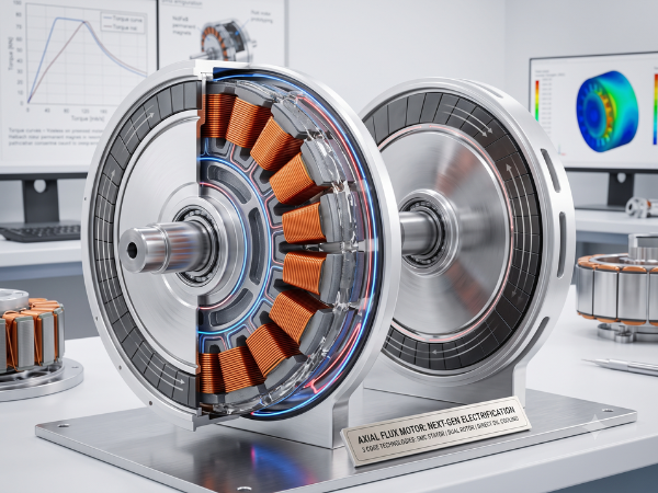 A detailed, brightly lit cutaway visualization of a next-generation axial flux electric motor prototype mounted on a test stand in a modern engineering laboratory. The image reveals the internal "pancake" structure, showcasing copper coil windings, rotor disks with permanent magnets, and blue/red lines illustrating internal cooling paths. In the background, computer monitors display technical graphs and simulation data.