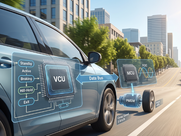 A technical diagram overlaid on a realistic image of an electric car driving uphill. On the left, the Vehicle Control Unit (VCU) chip is shown with a state machine flowchart (Standby, Active, Braking, Hill-Hold, Exit). It connects via a Data Bus to the Motor Control Unit (MCU) chip on the right, which shows Field-Oriented Control (FOC) waveforms. The MCU drives a Permanent Magnet Synchronous Motor (PMSM) connected to a wheel. Text overlays indicate a speed of 5 km/h on an 8% slope.