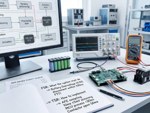 A brightly lit engineering lab bench featuring a BMS development board connected to an oscilloscope and multimeter, with a notebook in the foreground showing FSR and TSR technical specifications for battery overvoltage protection.