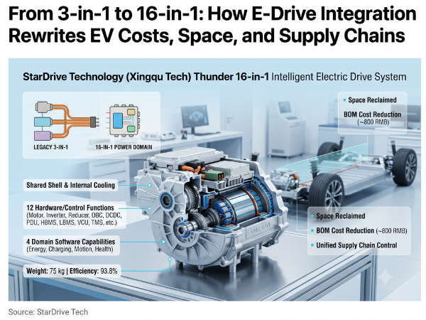 Alt Text: A detailed infographic comparing the legacy 3-in-1 EV drive system with the StarDrive (Xingqu Tech) Thunder 16-in-1 Intelligent Electric Drive System. The image features a large technical cutaway view of the integrated 16-in-1 unit, highlighting internal components like the motor, reducer, and inverter within a shared shell. Annotations detail its specifications, including 12 hardware and control functions, 4 domain software capabilities, a weight of 75kg, and an efficiency of 93.8%. Diagrams illustrate reclaimed space and an estimated BOM cost reduction of approximately 800 RMB.