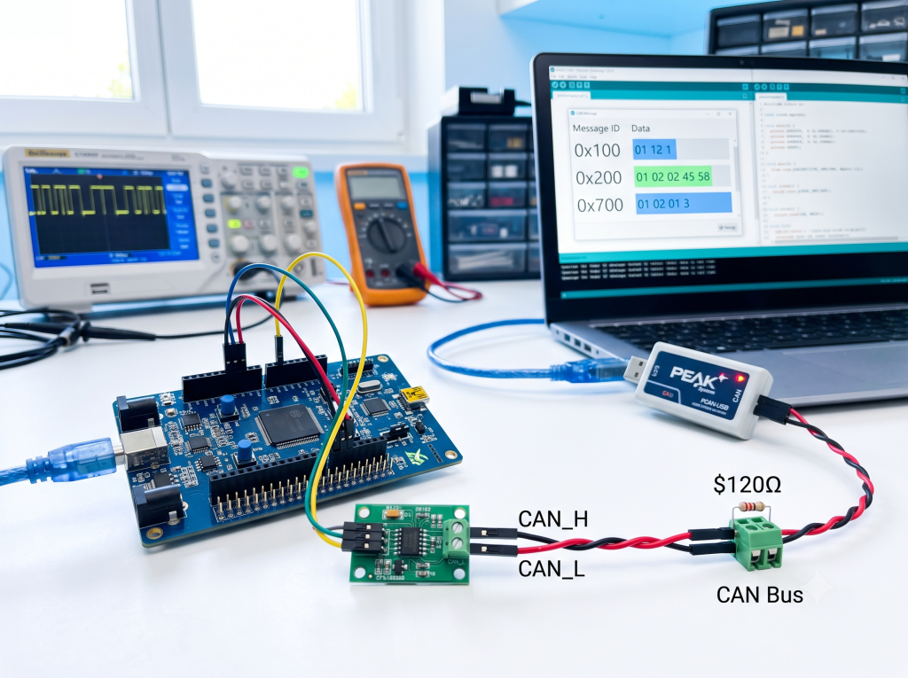 A clean, well-organized STM32-based CAN Bus communication testing station on a white workbench. It features an STM32 board, a CAN transceiver, a twisted-pair CAN bus with a $120\Omega$ termination resistor, and a PEAK-System PCAN-USB adapter connected to a laptop.