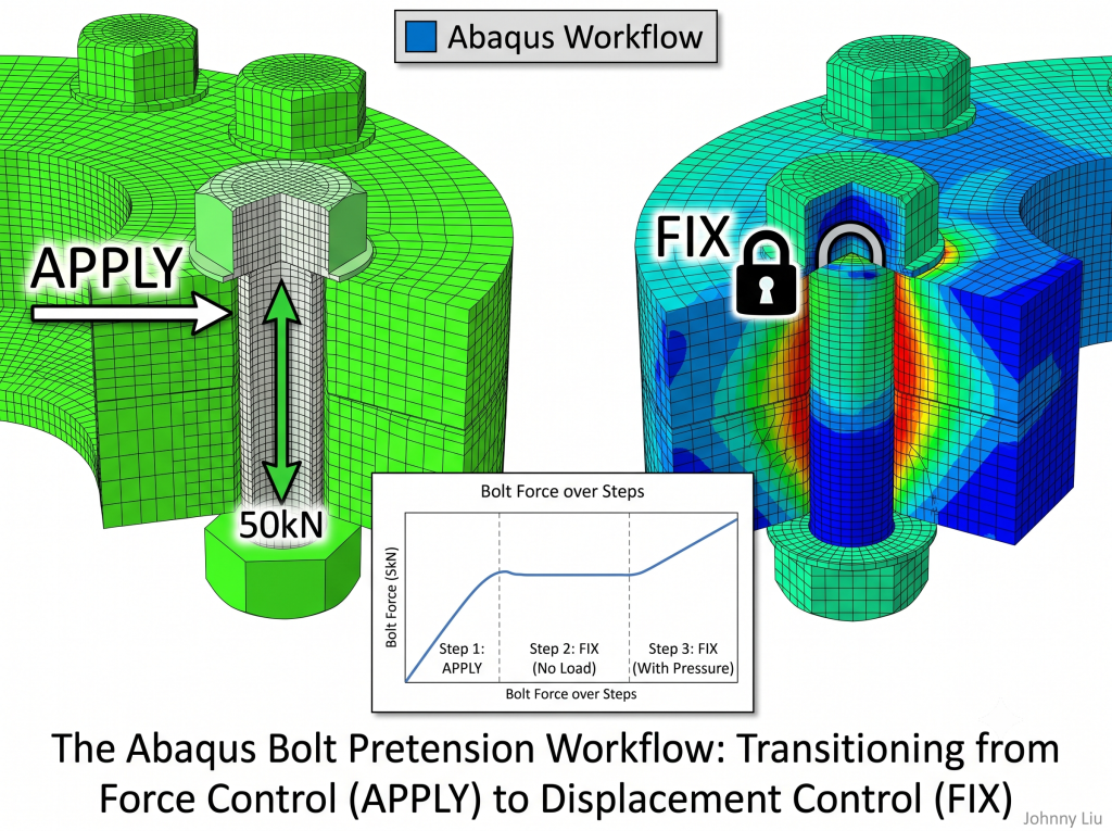A technical 3D FEA simulation diagram illustrating the Abaqus bolt pretension workflow. The left side shows a green meshed flange with a cutaway bolt labeled 'APPLY' with a 50kN vertical force vector. The right side shows a blue meshed flange displaying stress distribution contours with a bolt labeled 'FIX' and a padlock icon. A graph at the bottom plots bolt force over three analysis steps: Step 1 (APPLY), Step 2 (FIX - No Load), and Step 3 (FIX - With Pressure).