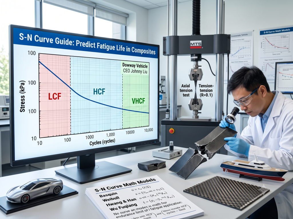 A male composite materials engineer examining a fractured carbon fiber panel in a bright laboratory. On the left is a computer monitor showing an annotated S-N fatigue curve with LCF, HCF, and VHCF regions. A fatigue testing machine is visible in the background, along with a list of 13 composite mathematical models in the foreground.