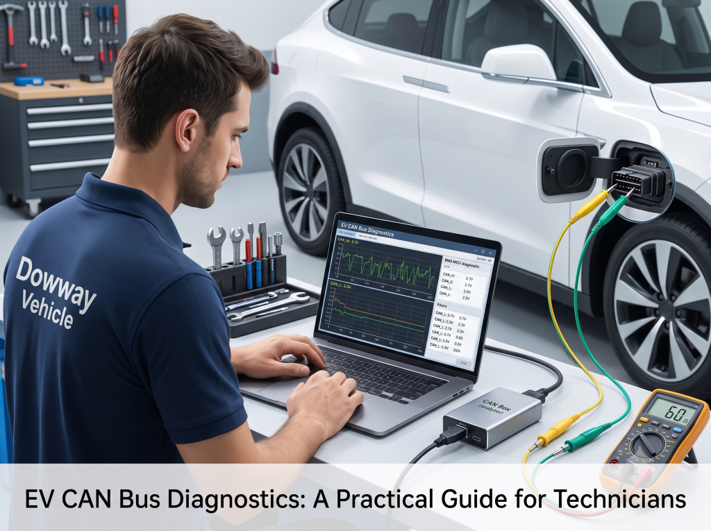 A technician from Dowway Vehicle using a laptop and a CAN Box analyzer to perform EV CAN Bus diagnostics on a white electric car in a workshop.