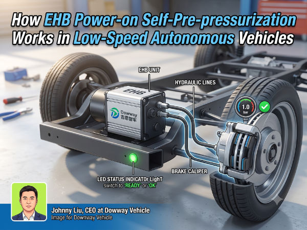 A 3D technical illustration of a drive-by-wire chassis for a low-speed autonomous vehicle, highlighting an Electronic Hydraulic Braking (EHB) unit with the Dowway Vehicle logo, hydraulic lines, a brake caliper, a digital gauge showing 1.0 bar, and an avatar photo of CEO Johnny Liu in the bottom left corner.