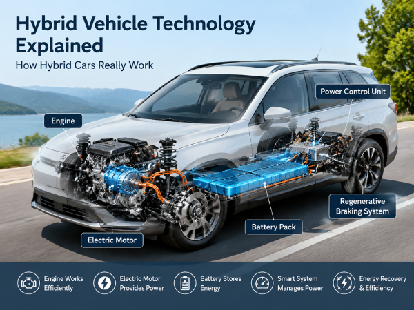 Hybrid vehicle technology explained with a transparent car design showing the engine, electric motor, battery pack, power control unit, and regenerative braking system.