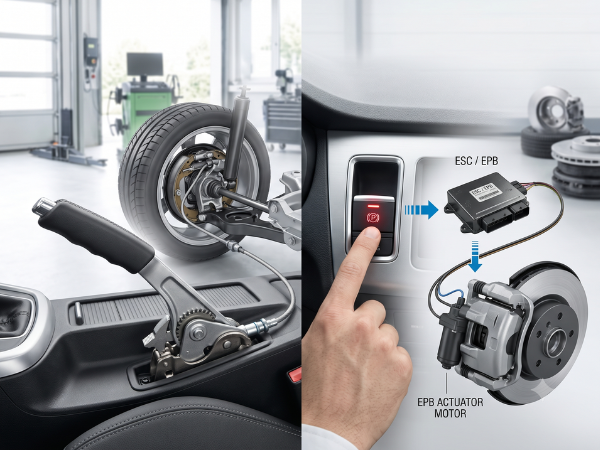 Side-by-side comparison illustrating a traditional mechanical handbrake lever with its cable-driven rear suspension system (left) versus a modern electronic parking brake button, ECU, and motorized caliper (right) with directional arrows showing the digital control flow.