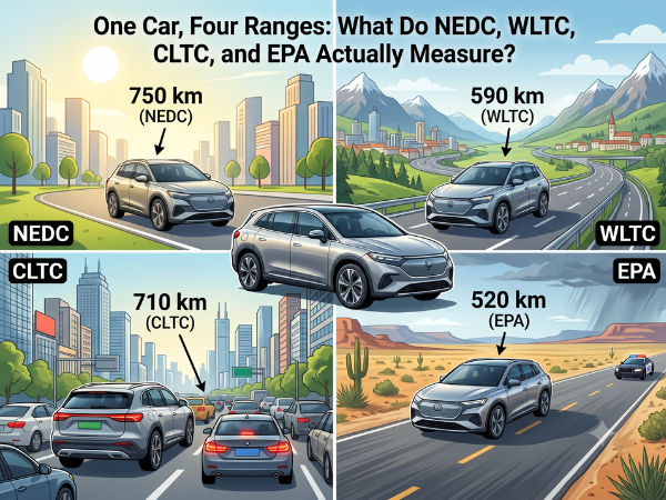 Infographic showing the range of a single EV model under different driving cycle standards: NEDC (750 km), WLTC (590 km), CLTC (710 km), and EPA (520 km). The image also breaks down the simulated distance, average speed, maximum speed, climate control, and extreme temperature testing for each standard.