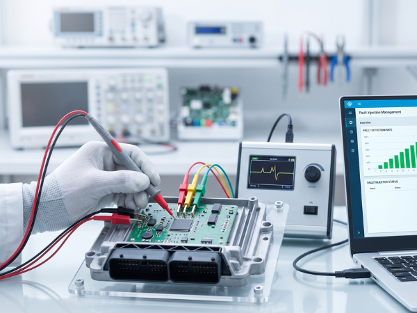 A close-up photograph capturing an engineer's hand wearing a white glove, gently probing a central processor unit (CPU) on an open automotive engine control unit (ECU). The ECU is connected by a cable to a multi-channel signal generator with a display showing waveform, and then to a laptop. The laptop screen displays 'Fault Injection Management' software, showcasing charts like 'Fault Detection Rate' (green bars) and 'Fault Injector Status', indicating an ongoing fault injection reliability test. The background is a well-lit, professional electronics development lab with an oscilloscope and other equipment blurred.