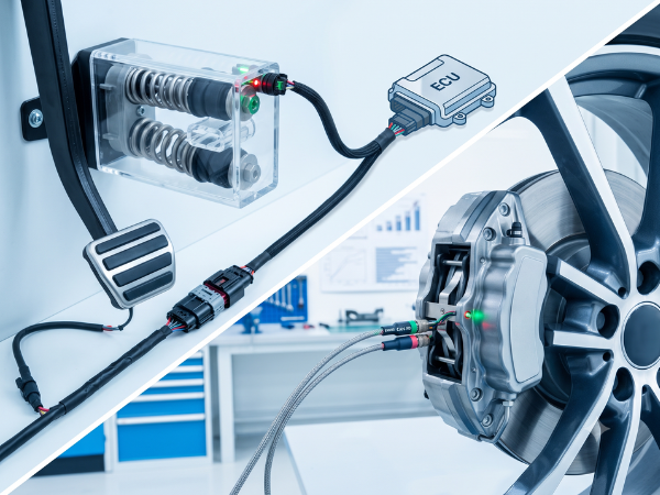 A technical split-screen view illustrating brake-by-wire technology. The left side shows a brake pedal unit with a visible internal simulator and springs, representing human input. The right side features a vehicle wheel and disk brake caliper with electronic cables, symbolizing electronic actuation and control.