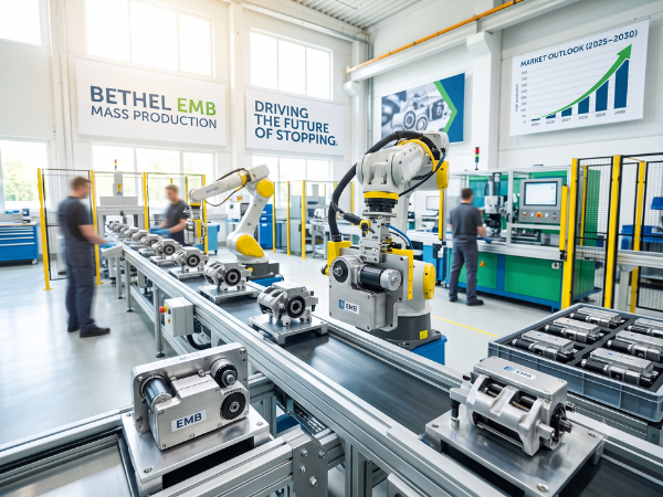 A wide-angle photograph taken inside a modern, bright factory. An automated production line is filled with robotic arms assembling components. Two large banners hang in the background. The left banner reads "BETHEL EMB MASS PRODUCTION". The right banner reads "DRIVING THE FUTURE OF STOPPING". In the foreground, numerous small Electro-Mechanical Brake (EMB) units are visible on a conveyor belt and in containers.