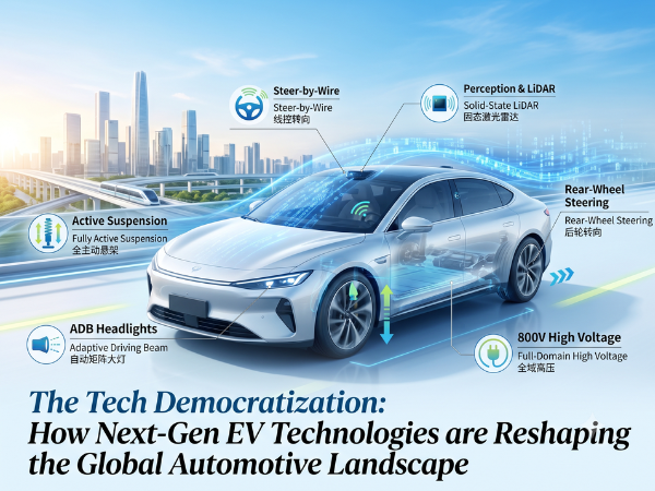 A high-tech silver electric sedan with a semi-transparent body revealing its internal components is featured against a background of a modern city with a maglev train and highway. Several circular icons with labels and lines point to different technological advancements: "Fully Active Suspension" and a shock absorber, "ADB Headlights" and a light beam, "Rear-Wheel Steering" with turning arrows, "800V High Voltage" with a power plug, "Perception & LiDAR" with sensor rays, and "Steer-by-Wire" with a steering wheel and signal bars. Digital blue lines and data points connect the car to its surroundings. Below the image, the title "The Tech Democratization: How Next-Gen EV Technologies are Reshaping the Global Automotive Landscape" is prominent.